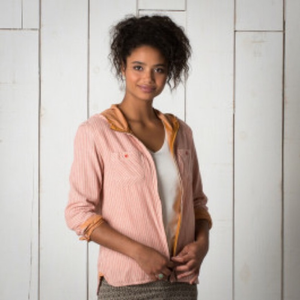 Toad&Co Pink Striped Hooded Shirt Jacket with Mustard Trim